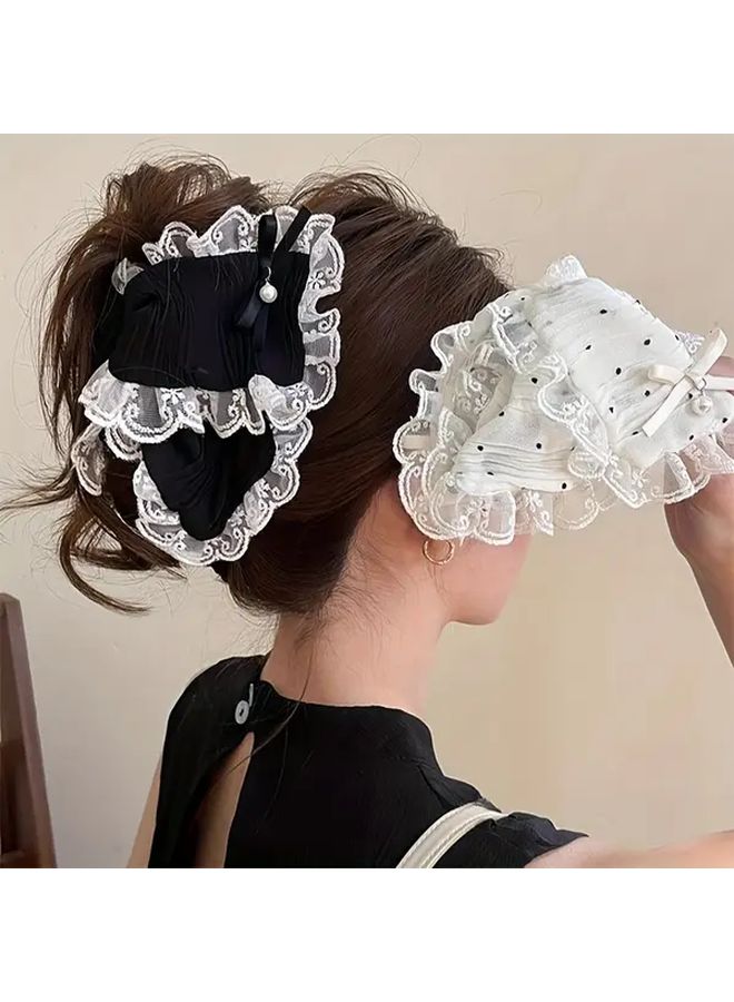 White Lace Bow French Style Shark Clip Hair Claw For Women Formal Events - Image 1